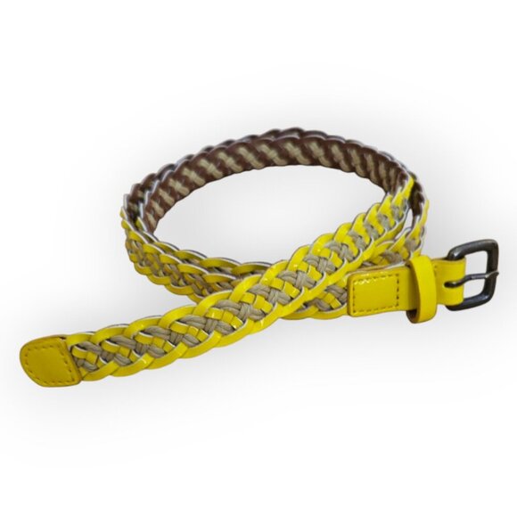 J. Crew Mustard Yellow & Tan Leather a Straw Antique Gold Buckle Skinny Belt S/M - Picture 1 of 6